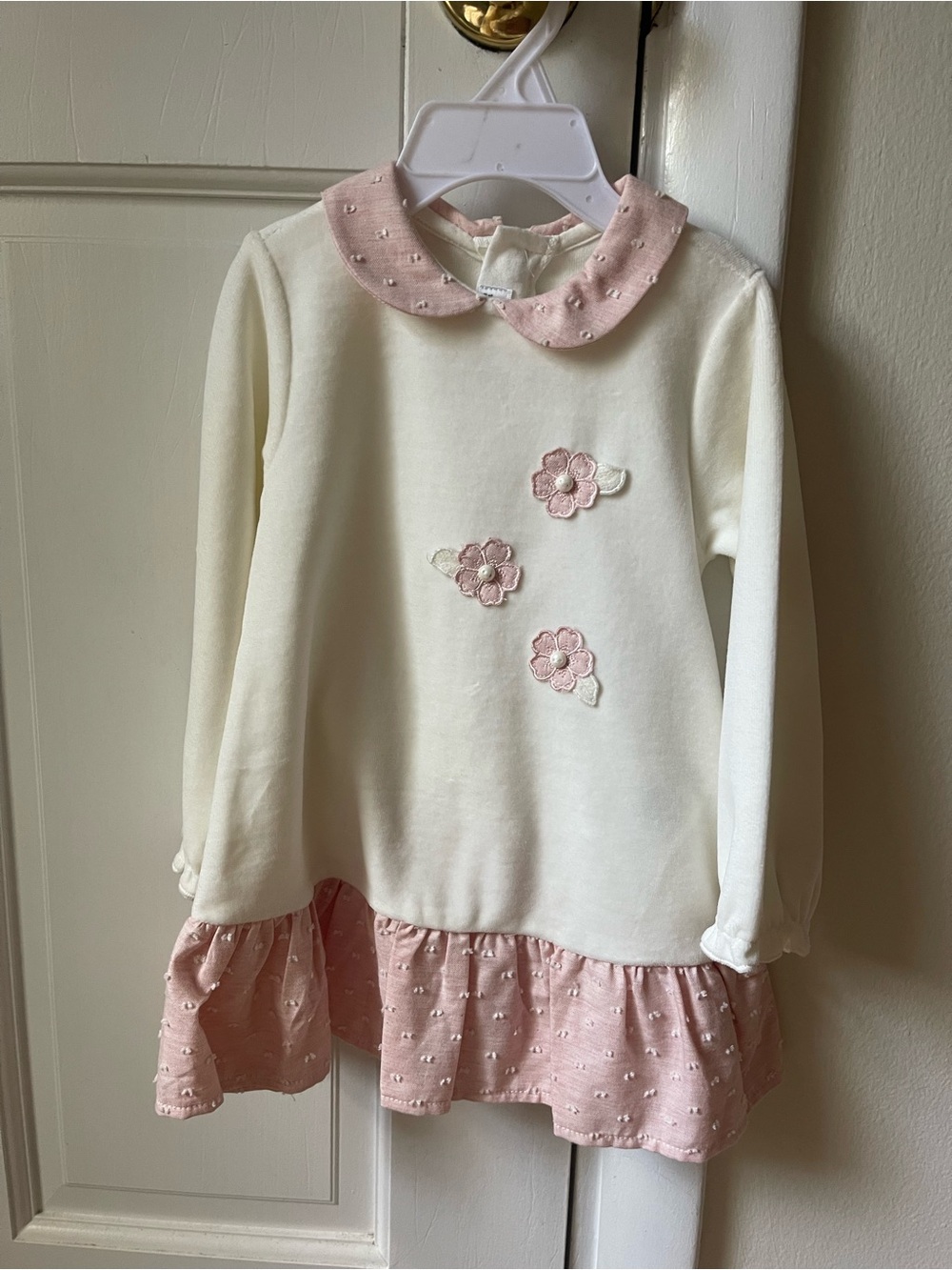 Cream & Pink Velour Floral Peter Pan Collar Dress